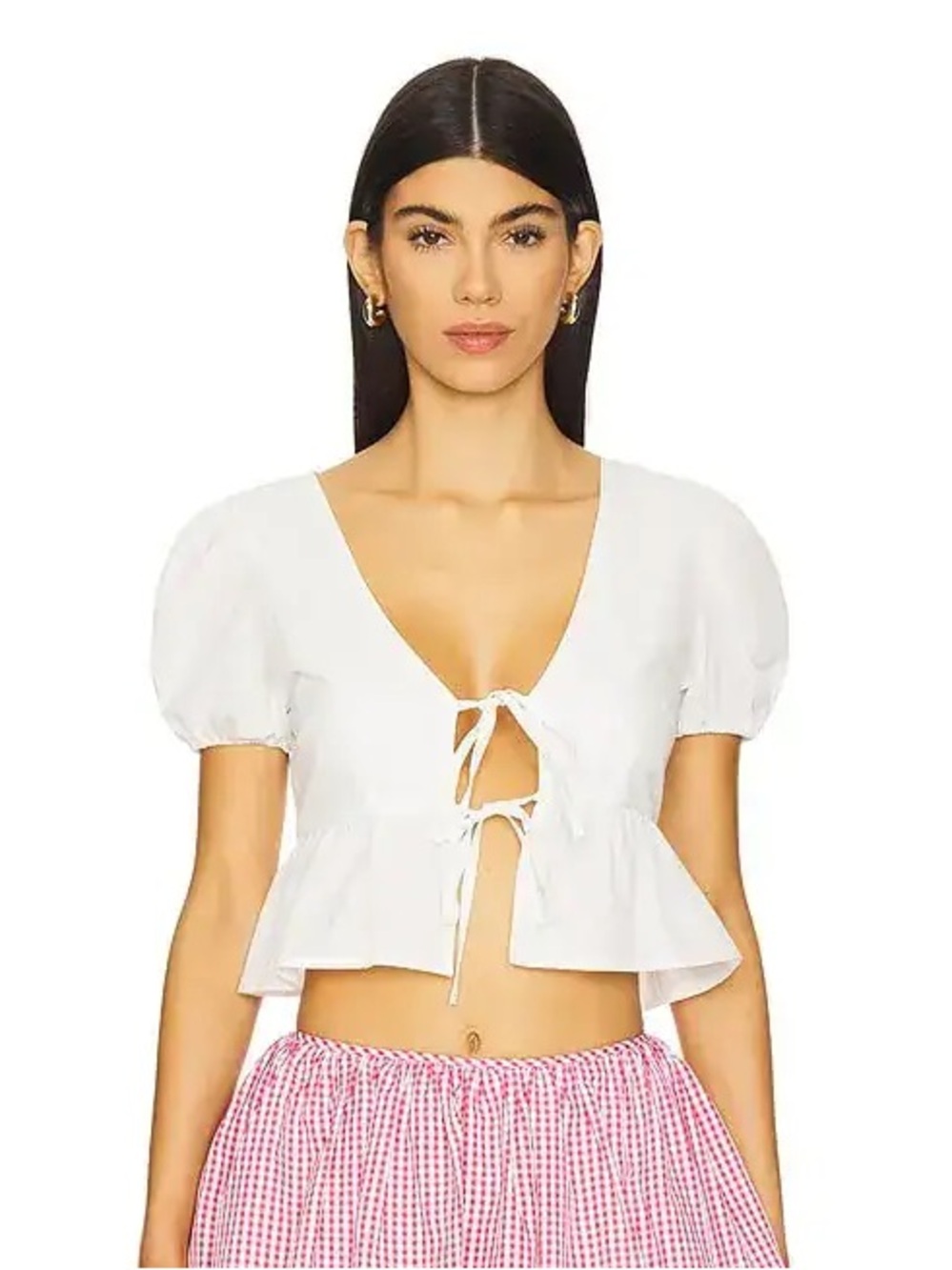 More to Come White Tie-Front Peplum Crop Top with Puff Sleeves